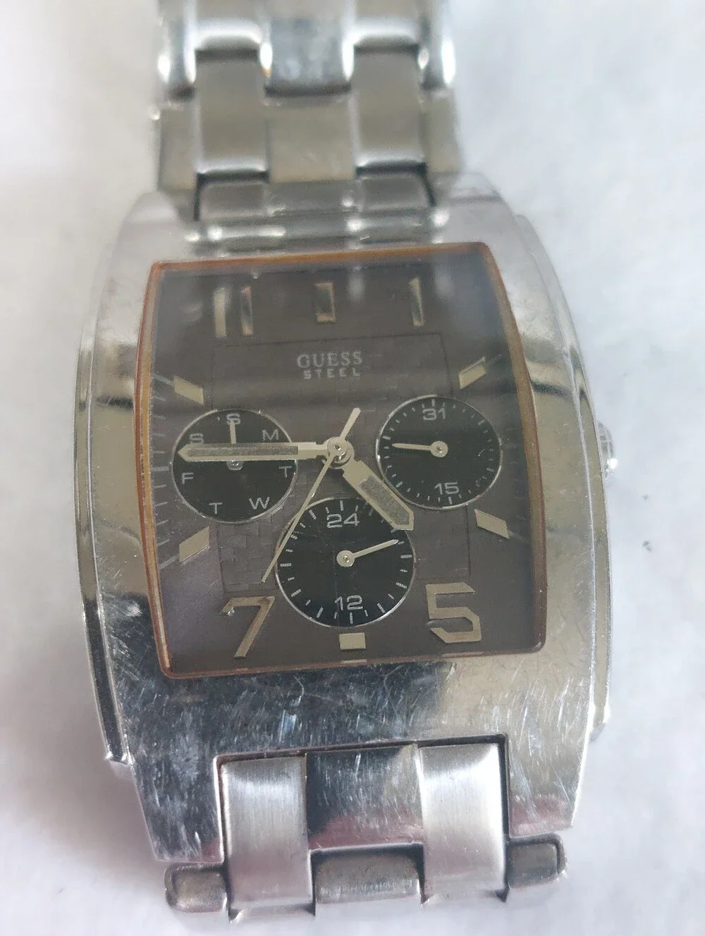GUESS Steel Square Tank Watch Gunmetal Dial Subdials Silver Tone - Needs Battery